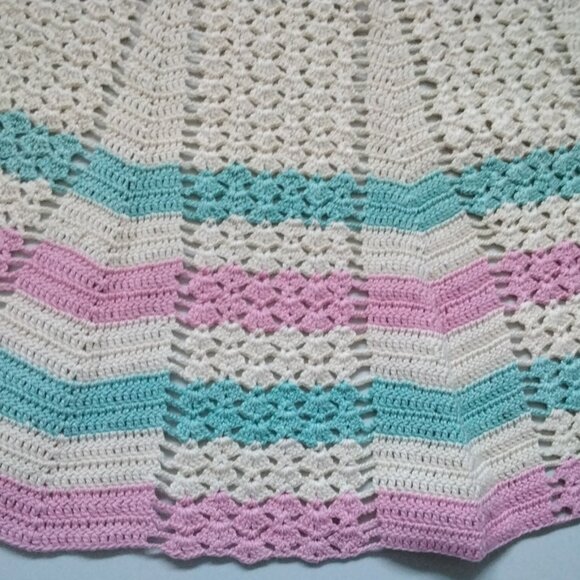 Vintage Crocheted Hostess Apron Small Size - Pink, Turquoise Blue & Cream Cotton - Picture 3 of 3
